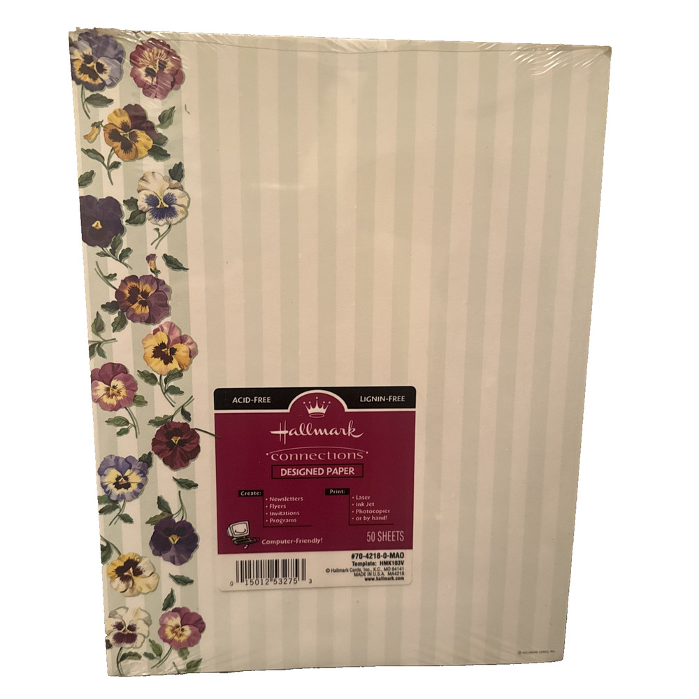 VTG NEW Hallmark Designed Paper Floral Pansy Green Stripe 50 sheets 8.5 x 11 NOS